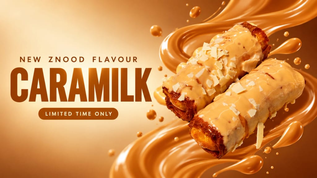 New Znood flavour: Caramilk. Ashta rolls drizzled in caramel and white chocolate shavings. Limited time only.